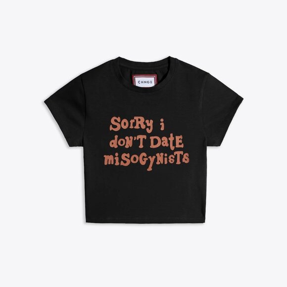 NWOT CHNGE "Sorry I Don't Date Misogynitst" Black Cropped T-Shirt XXS - Picture 2 of 9